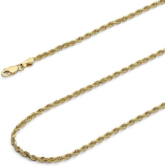 Solid 2mm Rope Diamond Cut Chain Necklace in 14k Real Gold