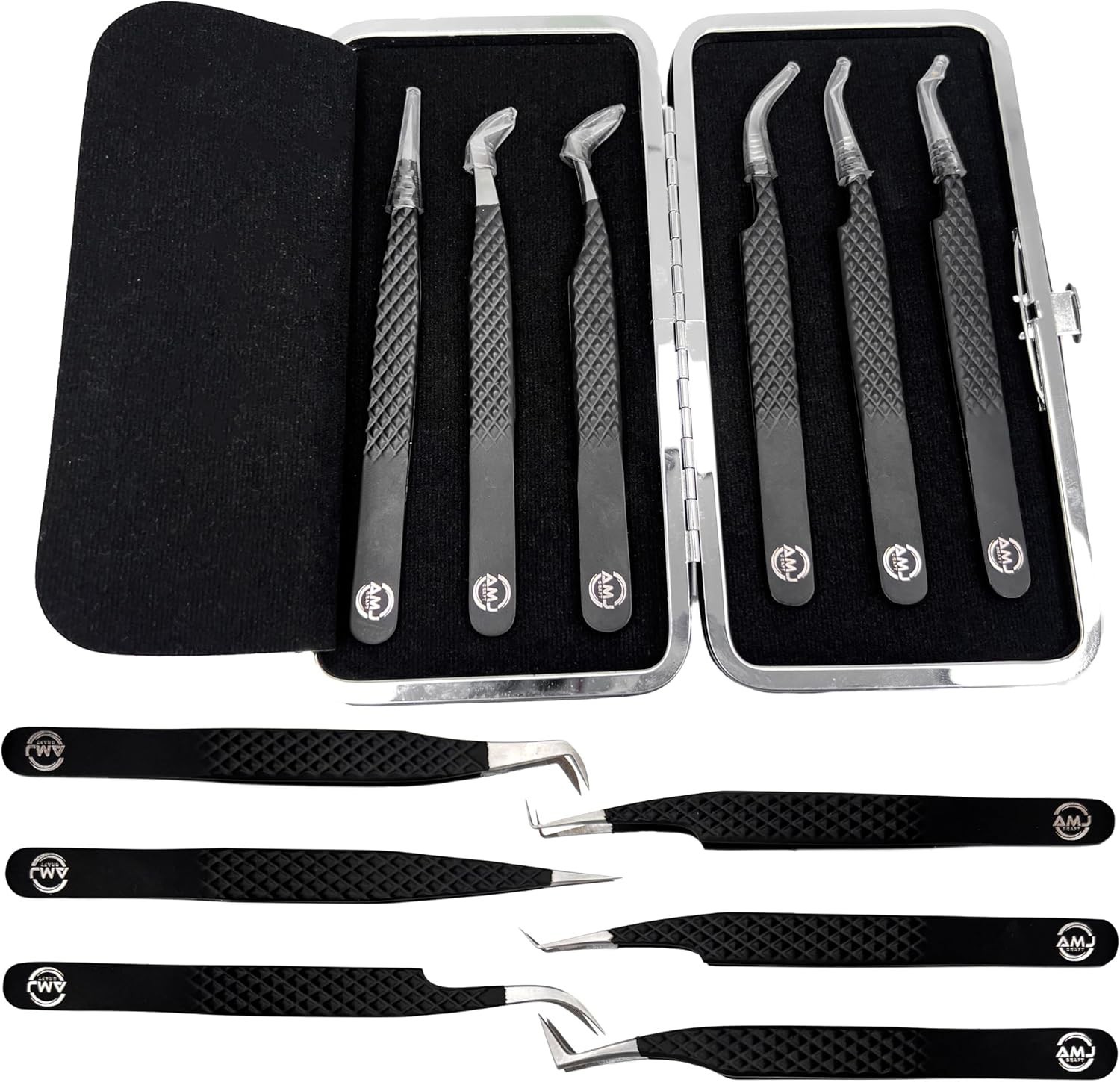 AMJ Professional Eyebrow/EYELASHES Tweezers Set, Black Stainless Steel, 6 Piece Precision/FIBER Tips with Case, women beauty care set, Best Gift for Beautiful eyes.