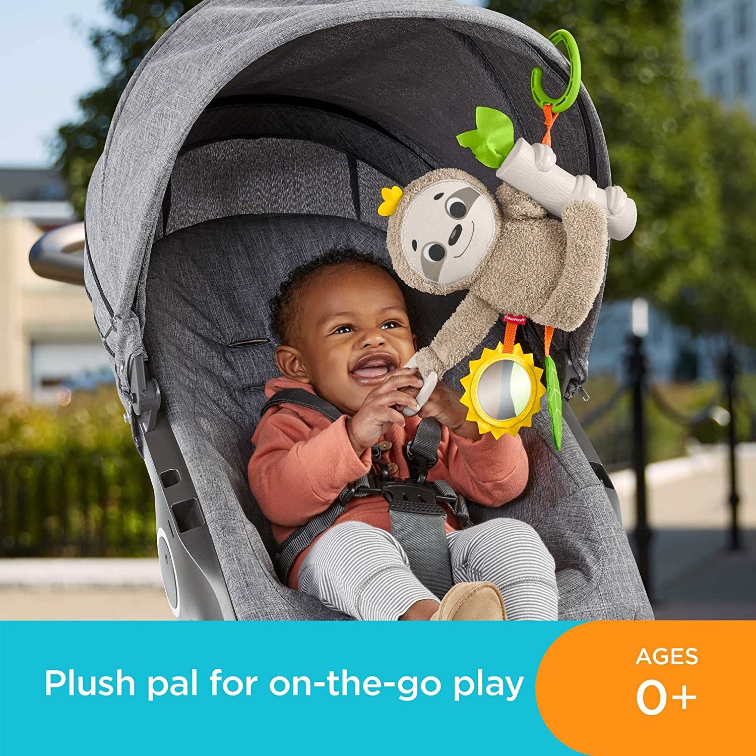 Fisher-Price Slow Much Fun Stroller Sloth, Take-Along Baby Toy 3^