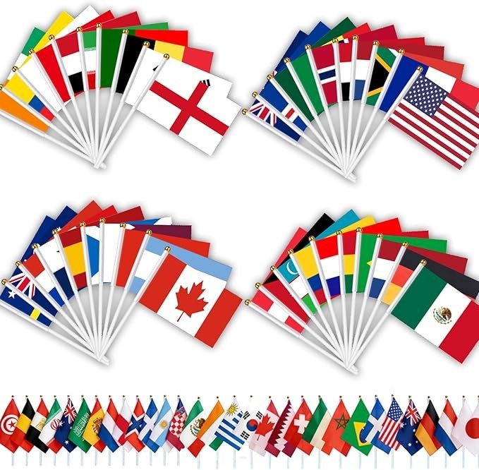 AhfuLife 48 Countries Handheld Flags on Stick for World Cup Decorations, 48PCS Double Sides Fabric Handheld Small Flags Banner with 11.8 in Pole for Soccer Olympic Party 2026 Garden Street Decorations