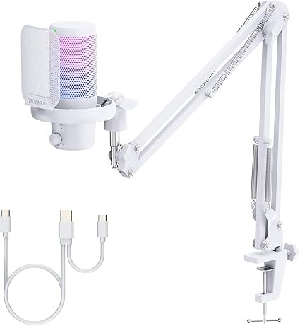 FEELWORLD VM1 White Gaming PC USB Microphone Condenser Mic with Noise Cancellation Mute RGB Light, Computer Accessories Gifts for Gamer YouTube Twitch Podcast Streaming Recording Online Chat PS4 PS5