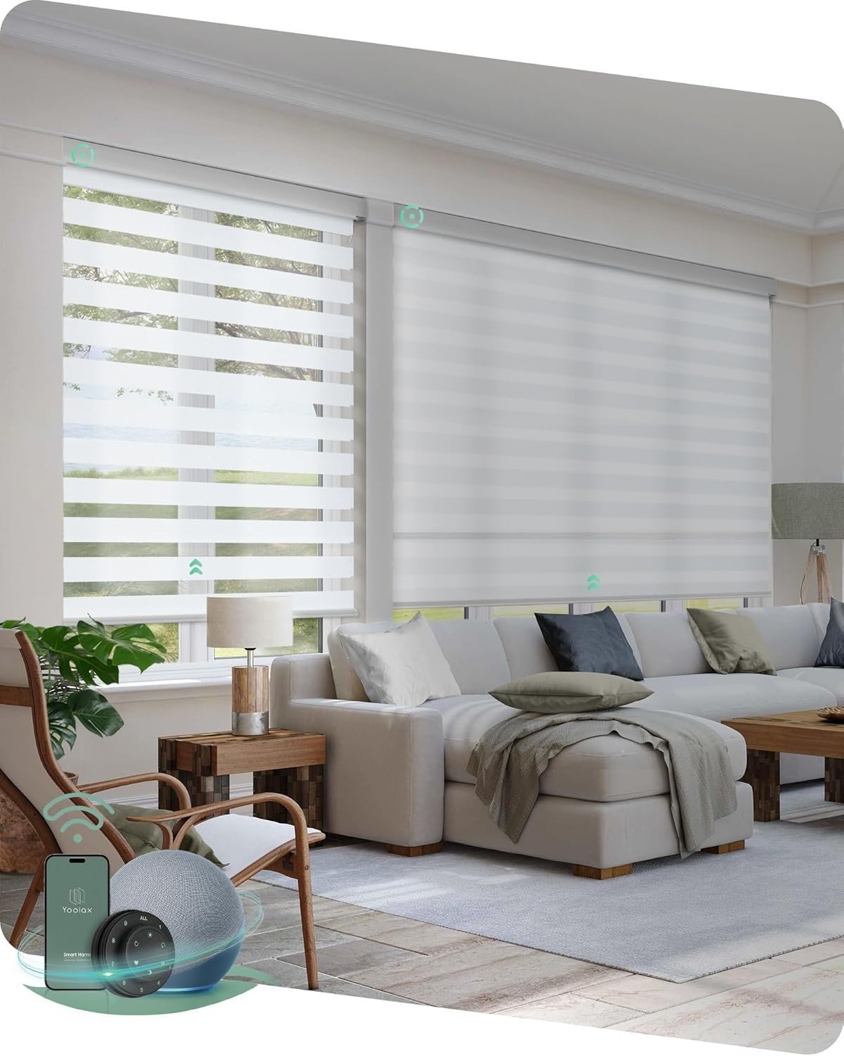 Yoolax Motorized Blinds with Remote, Electric Zebra Blinds for Indoor Windows, Blackout Smart Shades with Voice Control, Compatible with Alexa Google Home, APP Control, 40" W x 72" H, White