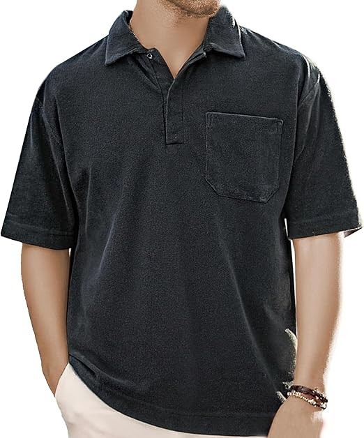 Men's Terry Towel Polo Shirt with Short Sleeve Chest Pocket Casual Unisex Top