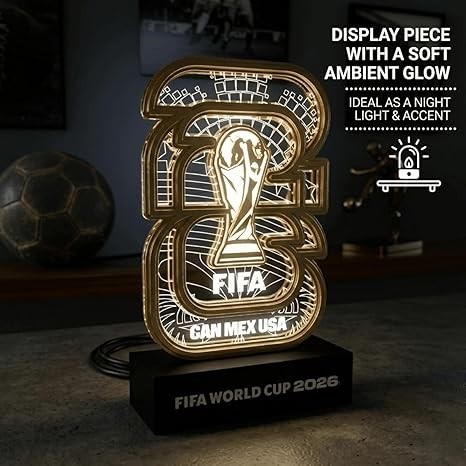 FIFA World Cup 2026 Official Licensed Collectible Display with White LED Glow – Soccer Memorabilia Gift for Men, Dad, Son, Fans – Man Cave, Bar, Desk Decor – USA CAN MEX Trophy