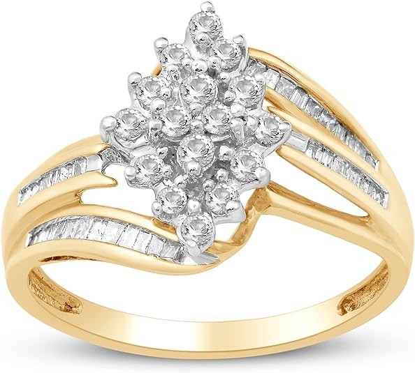 Jewelili 1/2 cttw Baguette Diamond Cluster Ring in 10k Yellow Gold