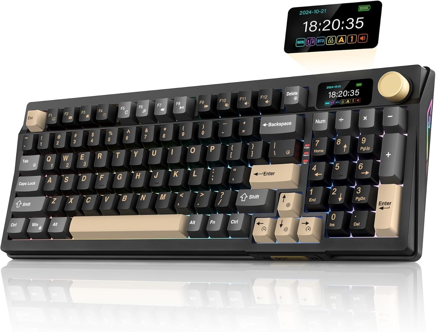 RedThunder K95 Wireless Mechanical Keyboard, TFT Screen & Knob, Tri-Mode BT5.0/2.4GHz/USB-C Hot Swappable Custom, Pre-lubed Linear Pink Switches, Gasket Structure, RGB Gaming Keyboard, Black-Gold