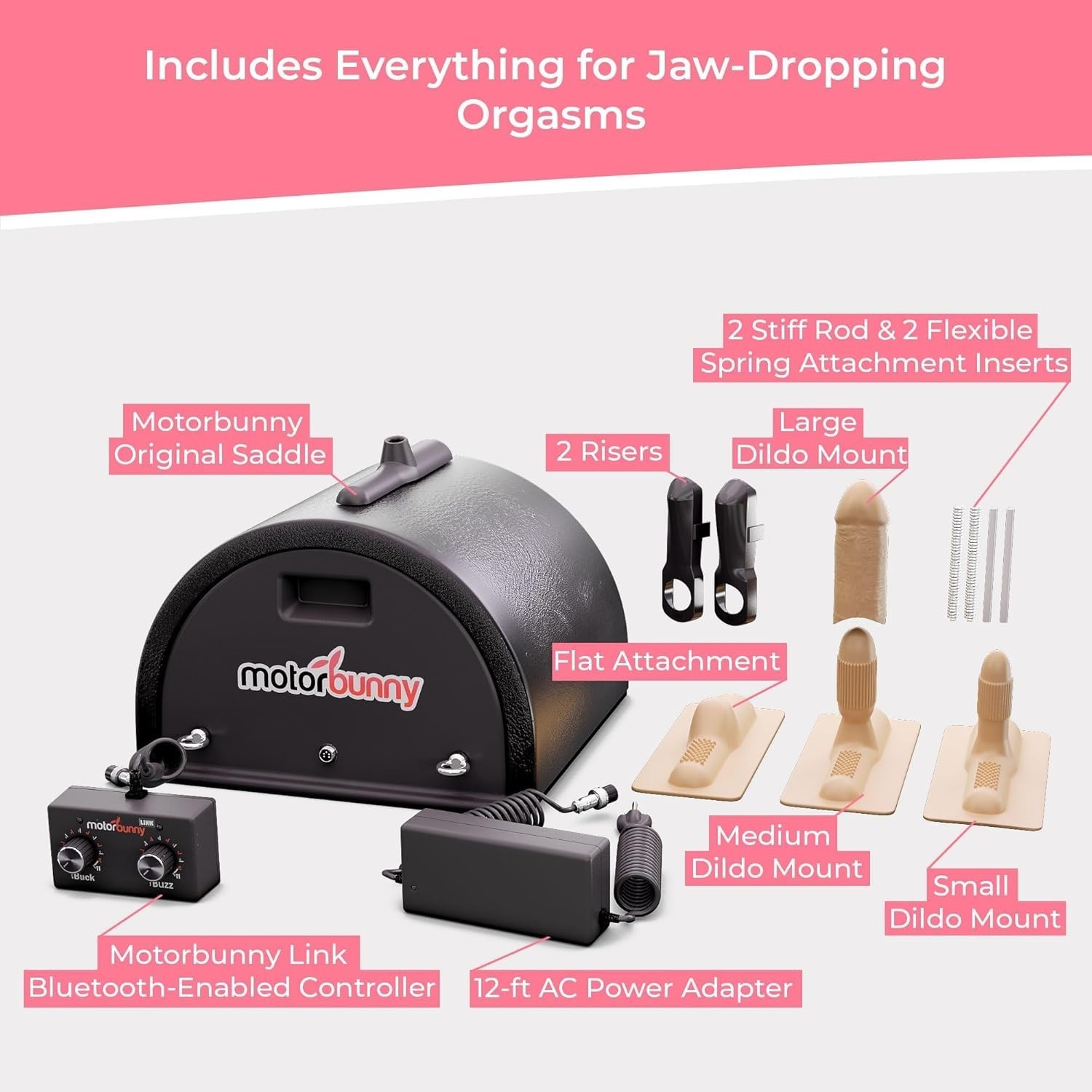 Motorbunny Original Ride-On Sex Machine - Dildo Mount Includes Link Remote App Controlled Vibrator, Rotation & Vibration Machine with 4 Attachments and 11 Settings Sex Toys for Couples, Men, Women