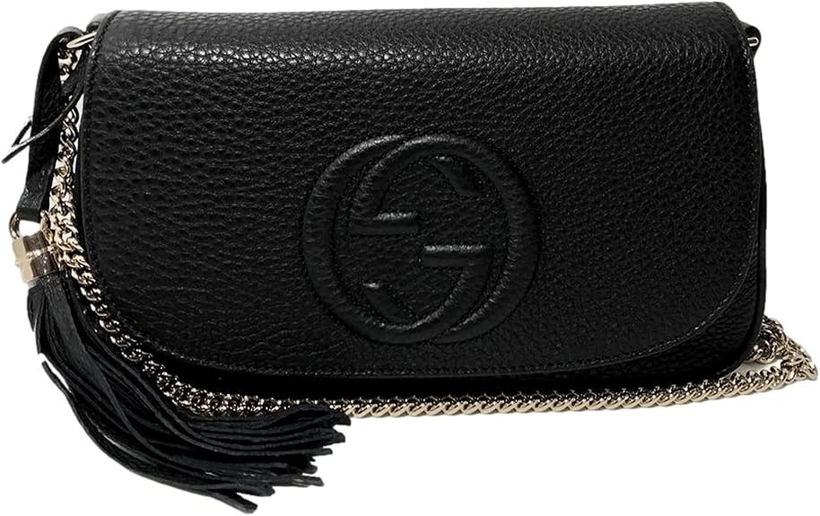 Gucci Soho Leather Flap Shoulder Bag Black Gold Tassel New Authentic
