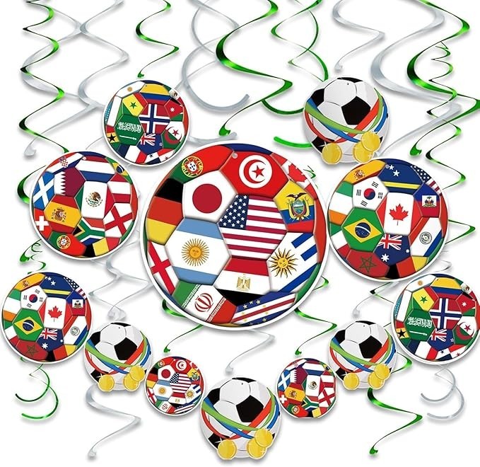 AhfuLife 24pcs Soccer Hanging Swirls for Party Decorations 2026, 12Pcs Soccer Flag Hanging Swirls and 12pcs Hanging Swirls for World Cup Home Party Decorations